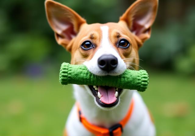 Cane felice che utilizza un gioco masticativo igienizzante